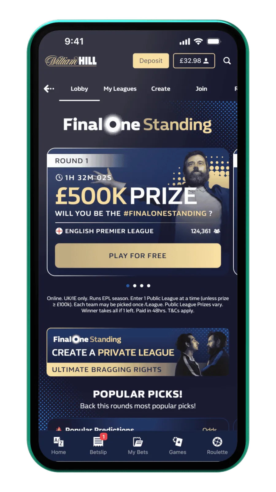 Final One Standing interface: Win £500,000 lobby screen