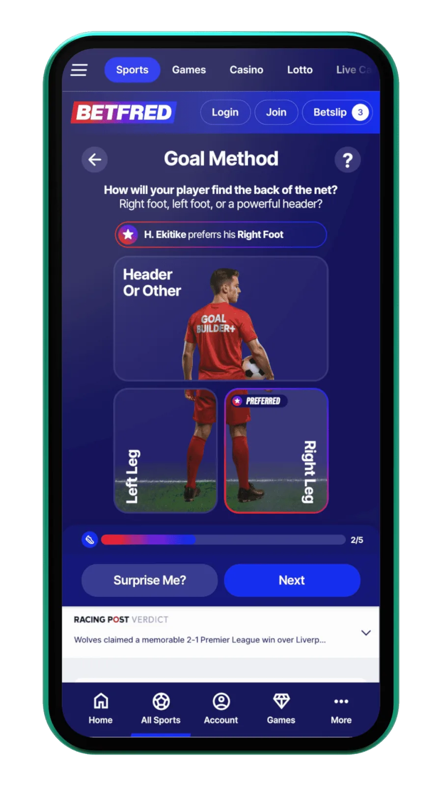 GoalBuilder+ interface: Goal Method prediction screen