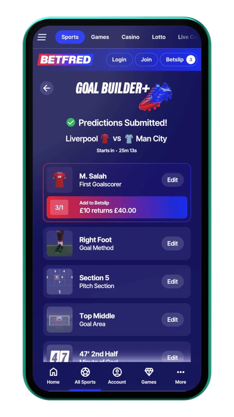GoalBuilder+ predictions submitted, add to betslip