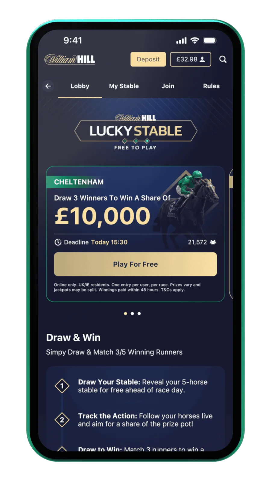 Lucky Stable interface: Cheltenham £10,000 lobby screen